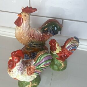 3 Piece Colorful Ceramic Rooster Figurines Salt and Pepper and Big Rooster